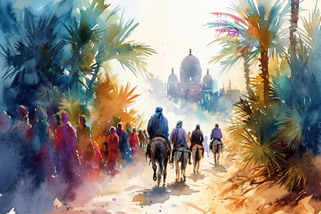 Palm Sunday Colorful watercolor of a caravan and mosque amidst palm trees.の素材