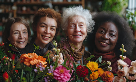 Group of diverse women smiling among a variety of colorful flowersの素材