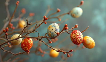 Patterned Easter eggs perched among budding branches with a serene backdropの素材