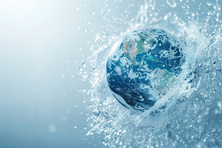 A creative depiction of Earth embraced by a clear water splash against a blue background World Water Day conceptの素材