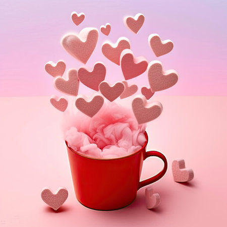 An overflowing red cup releasing hearts into a pink backdropの素材