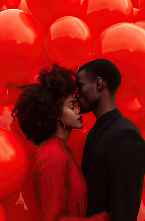 A couple in a tender embrace against a backdrop of red balloonsの素材