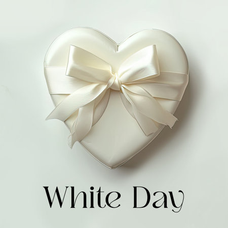A heart-shaped gift box with a satin ribbon bow, labeled for White Day, on a soft backgroundの素材
