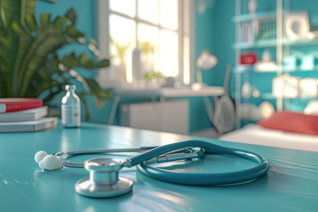 Sunny interior of a doctor's office featuring a desk with a stethoscopeの素材