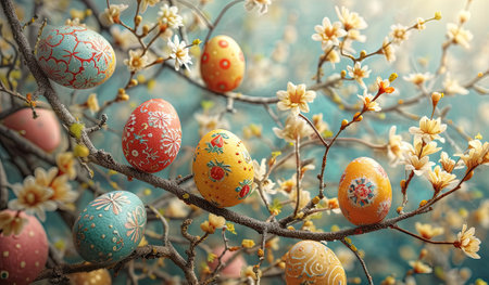 Easter eggs adorned with intricate patterns amid vibrant spring blossomsの素材