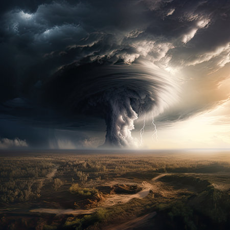 A colossal tornado funnel with lightning against a stormy sky over a serene landscapeの素材