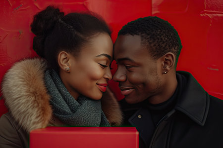 Couple cuddles close with a red gift box, exuding warmth and loveの素材