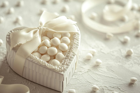 Heart-shaped box with white dragees, adorned with a delicate ribbon White Day.の素材