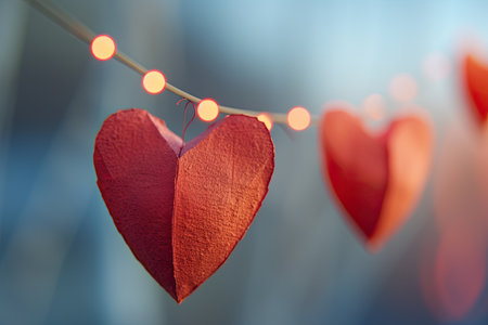 Close-up of red hearts with glowing bokeh lights, conveying warmthの素材