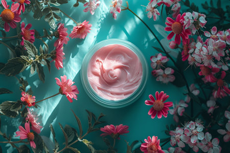 A top view of a jar of rose facial cream surrounded by blooming flowers, conveying a natural skincare theme on a teal background.の素材