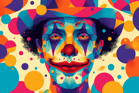 A clown with bright face paint and a colorful hat against a dotted backdrop.の素材