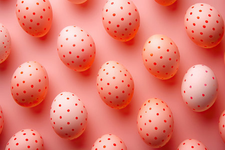 Easter eggs with red polka dots evenly spaced on a warm red backgroundの素材