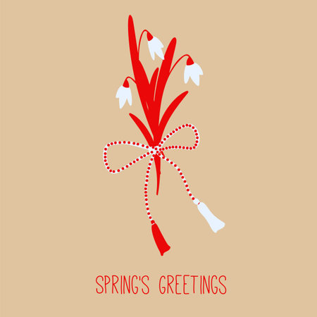 Illustration of Snowdrop Flowers with Red Ribbon with text Spring greetingsのイラスト素材