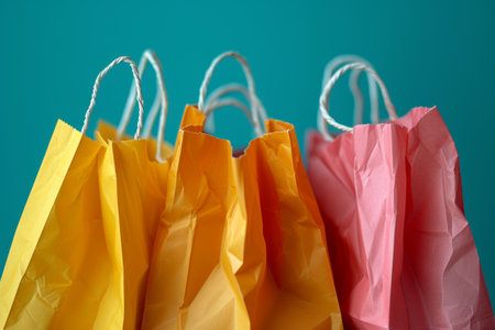 Vibrant Shopping Bags in Yellow, Orange, and Pink Against Teal Background.の素材