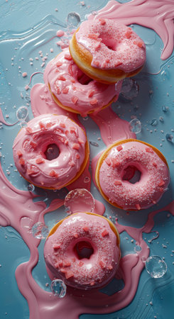 Pink Glazed Donuts with Dynamic Sugar Splash on Turquoise and Pink Background.の素材