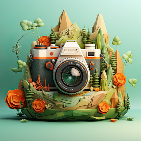 Camera illustration blended with elements of nature and floraの素材