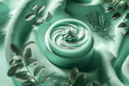 Elegant Skincare Cream Jar Centered on Textured Green Satin with Botanical Accents.の素材