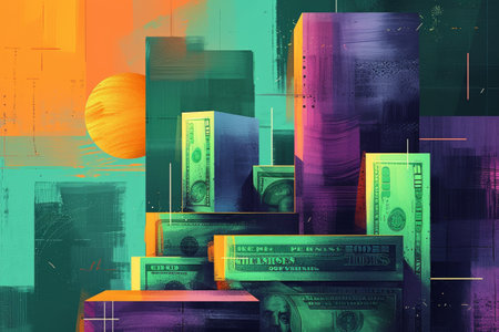 Artistic Cityscape with Currency Skyscrapers and Sun in a Financial Concept Art.の素材