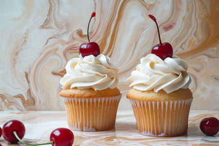 Cupcakes topped with cream frosting and a cherry.の素材