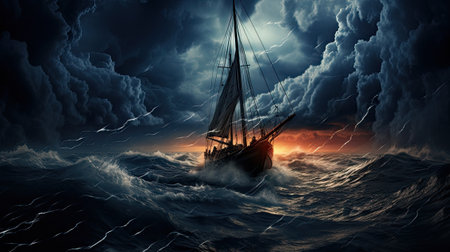 An old ship battles fierce ocean waves amidst a lightning storm, with sunset on the horizonの素材