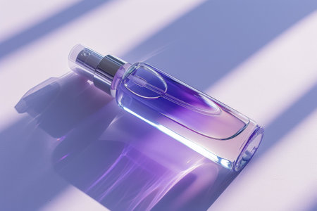 Spray bottle casts a purple hue under the glow of a soft light.の素材