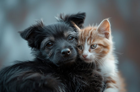 black dog and orange kitten cuddle, showing a close bond.の素材