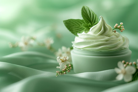 Organic Skincare Cream with Botanical Elements on a Wavy Green Silk Background.の素材