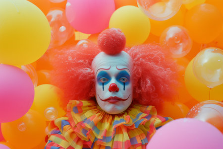 Despondent clown surrounded by a sea of colorful balloons.の素材