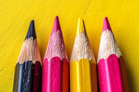 Assorted Colored Pencils Sharpened Points on Bright Yellow Background.の素材