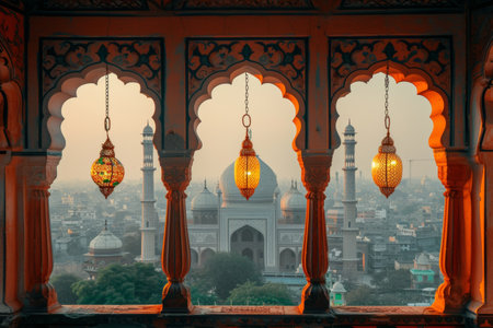 Majestic Mosque View through Arch with Hanging Ornate Lamps.の素材