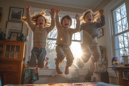 Joyful Children Jumping on Bed in Sunny Room with Flying Hair.の素材