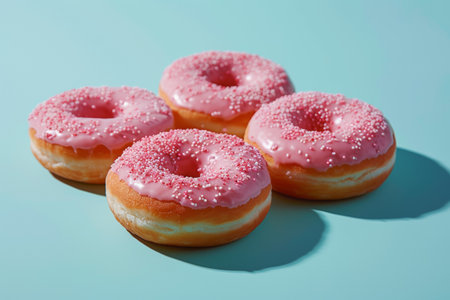 Pink Frosted Donuts with Sprinkles on Turquoise Background.の素材