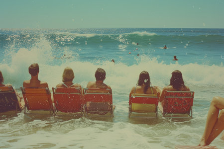 Group of Friends Enjoying Drinks and Conversation on Beach Chairs.の素材