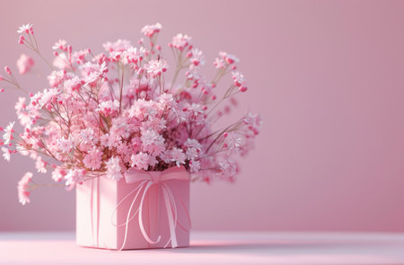 Delicate pink baby's breath in a pastel gift box on a soft pink surface.の素材