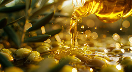 Golden Olive Oil Pouring over Fresh Olives with Bokeh Lights.の素材