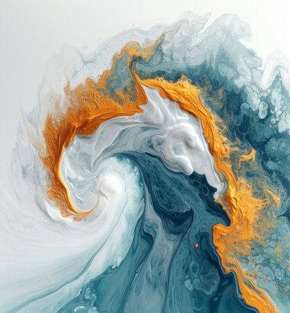 Dynamic swirls of blue and orange acrylic paint with intricate detailsの素材