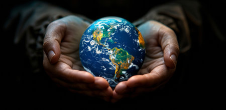 Conceptual Image of Human Hands Cradling the Earth in Darkness.の素材