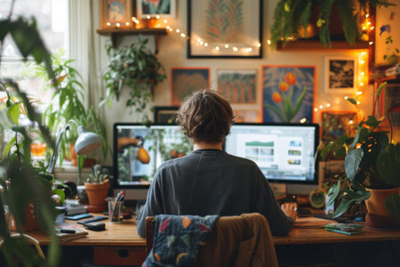 Graphic Designer Surrounded by Plants in a Cozy, Illuminated Workspace.の素材