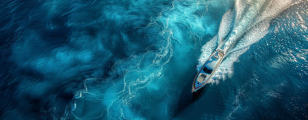 Luxury Motorboat Cruising on a Tranquil Blue Sea at Midday.の素材