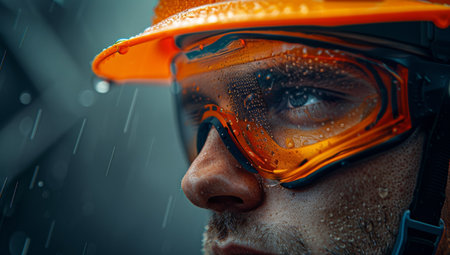 Determined Worker in Rain with Orange Safety Gear and Goggles.の素材