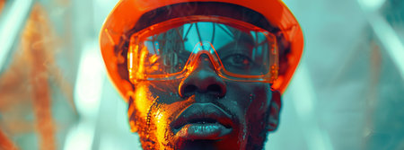 Intense Gaze of an Industrial Worker in Orange Safety Goggles.の素材