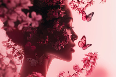 Silhouette of a Woman with Nature Overlay in Red Tones.の素材