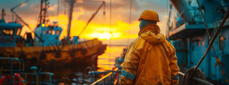 Industrial Worker Overlooking Harbor at Sunset.の素材