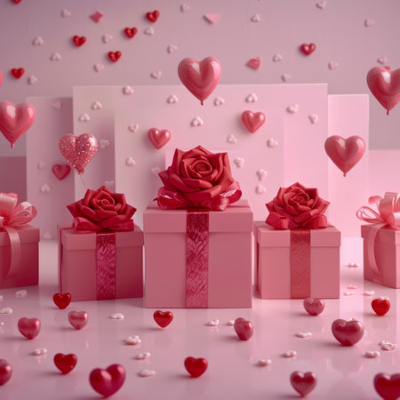Romantic Valentine's Display with Red Roses and Floating Hearts.の素材