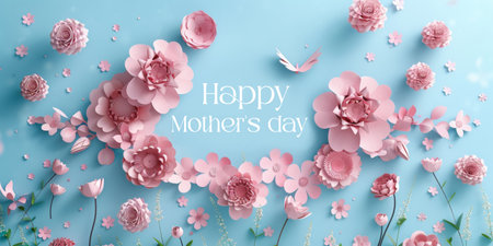 Festive Mother's Day paper floral arrangement on a calming blue background.の素材