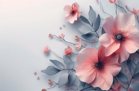 Ethereal pink blossoms with blue foliage on a gentle pastel background.の素材