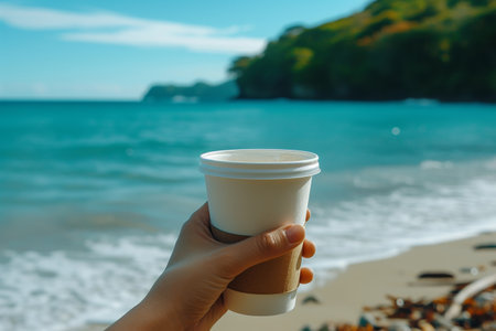 Hand Holding Disposable Coffee Cup Against Scenic Ocean Background.の素材