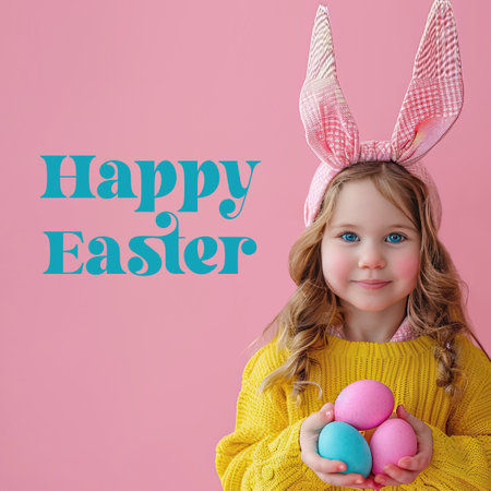 Happy Easter background with girl with bunny ears and colorful Easter eggs on a pink background.の素材