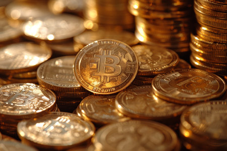 Pile of Bitcoin Tokens Shining in Golden Light.の素材
