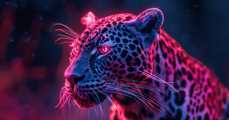 Surreal Neon Leopard in Dynamic Stance, Red and Blue Hues.の素材